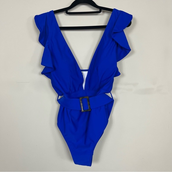ONE PIECE SWIMSUIT PLUNGE V RUFFLE NECKLINE WITH BELT COBALT BLUE SIZE XL - Picture 4 of 15